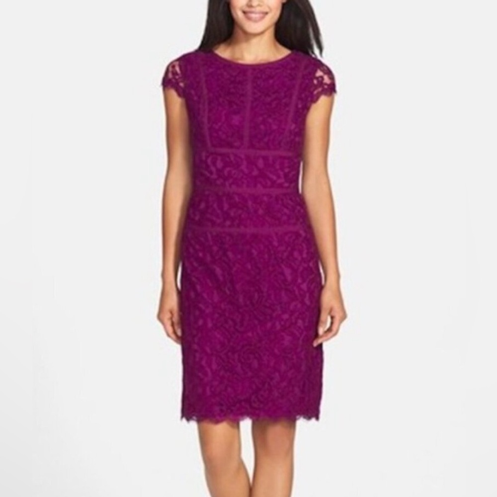 Adrianna Papell Purple Lace Cap-Sleeve Midi Dress